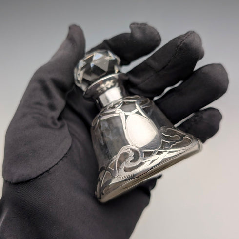 Antique American Art Nouveau Silver Overlay Glass Miniature Perfume Bottle